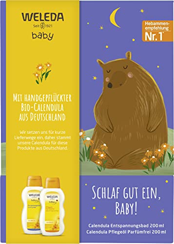 WELEDA Organic Baby Gift Set RELAXATION – Natural cosmetics baby care gift box consisting of Calendula Body Oil & Relaxing Bath. The perfect care set for daily care of babies and toddlers.